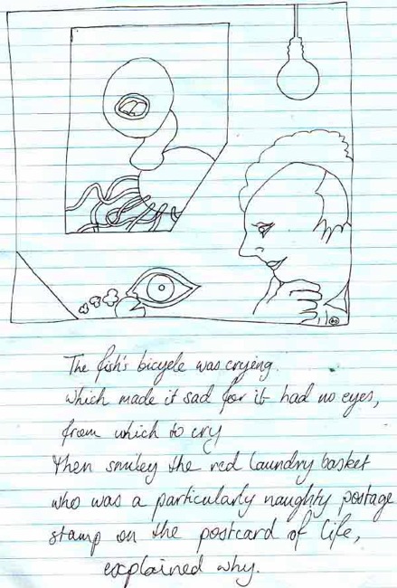 The fish's bicycle was crying/ Which made it sad for it had no eyes,/ from which to cry/ then smiley the red laundry basket/ who was a particularly naughty postage stamp on the postcard of life,/ explained why.
